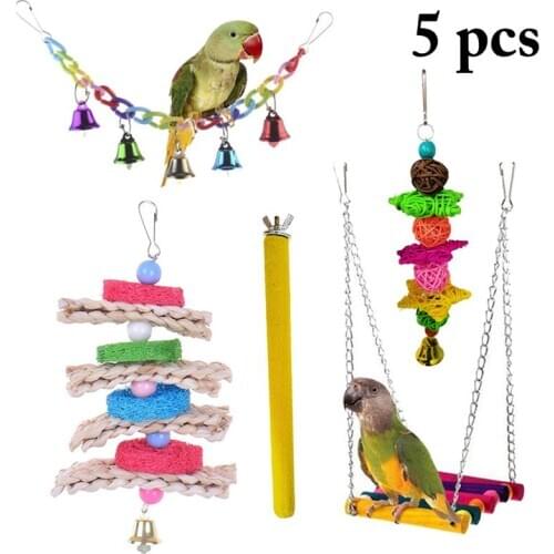 Dorakitten 5pcs Bird Swing Climb Chew Toys With Bell Natural Wooden Grass Chewing Bite Hanging Bridge Chain Cage Pet Supplies