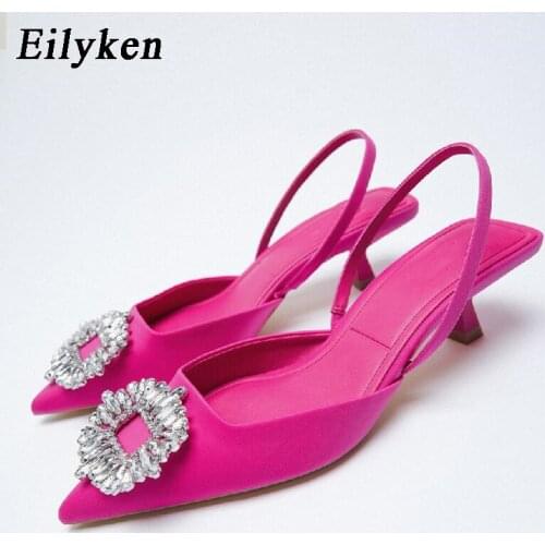 Eilyken Plus Size 34-40 Fashion Crystal Sun Flowers Buckle Design Women High Heels Pumps Sexy Pointed Toe Slip On Sandals Shoes