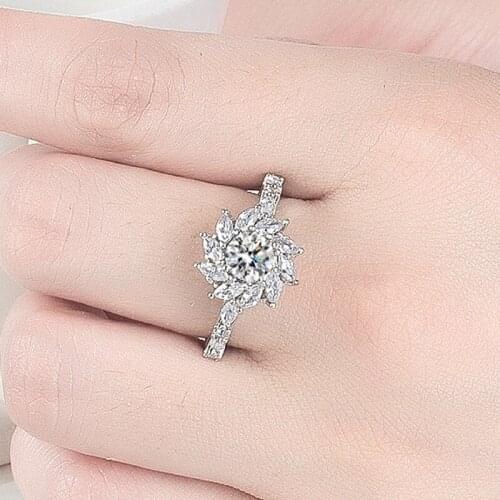 Classic Female Crystal Flower Thin Ring Rose Gold Silver Color Wedding Rings For Women Luxury Bride White Zircon Engagement Ring