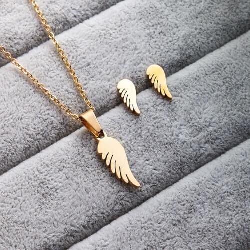 Cute Necklace Angel Wings Earrings Set Stainless Steel Jewelry Set Women Ladies Girls Kids Gold Collares Mujer Statement 2020