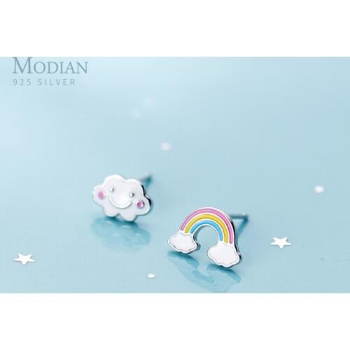 MODIAN Colorful Enamel Cute Rainbow Clouds Asymmetry Stud Earring for Women 925 Sterling Silver Ear Pin Fine Jewelry Kids Gift
