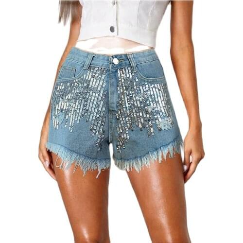 Fashion Sequin Denim Shorts Women Straight Sexy Sequin Burrs Streetwear Jeans Shorts 2021 Summer New Lady Blue Black Short Jeans