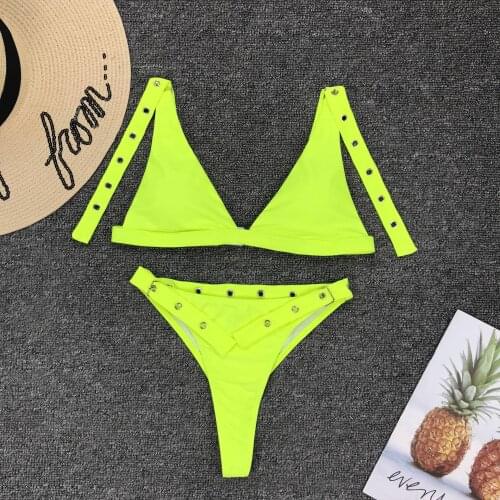 Neon Yellow Thong Bikini String Micro Swimsuit Triangle Push Up bra Swimwear Sexy Cut Out Bathing Suit Bathers Brazilian Bikini