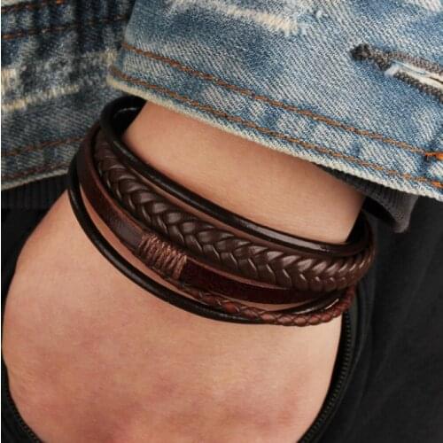 Cowhide Rope Braided Mens Leather Bracelet, Alloy Magnetic Buckle Leather Bracelet