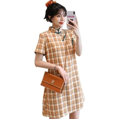 Plus Size M-4XL Yellow Check Loose Fashion Modern Cheongsam Dress Women Short Sleeve Qipao Traditional Chinese Clothes