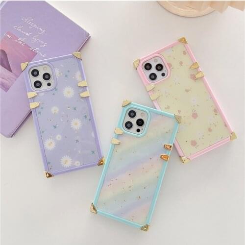 Luxury Metal Camera Protection Square Phone Case For iPhone 12 Mini 11 Pro MAX XS MAX X XR 7 8 Plus Flower Shockproof Back Cover
