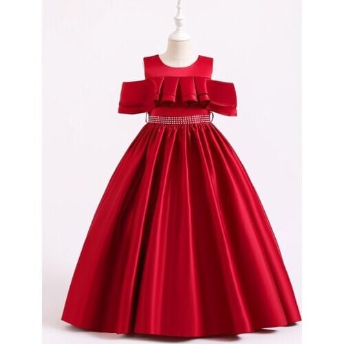 Christmas New Big Girls Dress Satin Cloth Long Skirt Princess Dress Lotus Leaf Drilling Host Skirt Party Wedding Gown Clothing