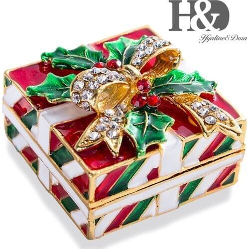 H&D Christmas Decor for Home Enameled and Bejeweled Jewelry Box Hand Painted Trinket Boxes Hinged Square Bow-knot Box Xmas Gift