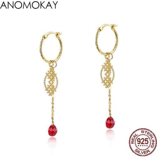 Anomokay Trendy Openwork Tree Gold Color Drop Earrings for Women Fashion Gift 925 Sterling Silver Long Earring with Red Crystal