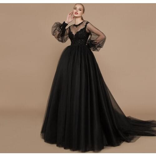 Verngo A Line Evening Dress Long Elegant Appliques Lace Prom Dress Long Sleeves Party Gowns Beading Crystal Formal Dress