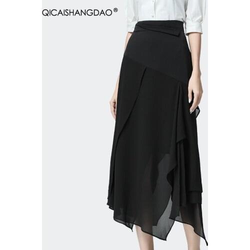 Spring Summer Splicing Irregular Long Chiffon Skirts High Wasit Split Loose Plus Size Women' Skirts Pleated Elegant Black Skirts