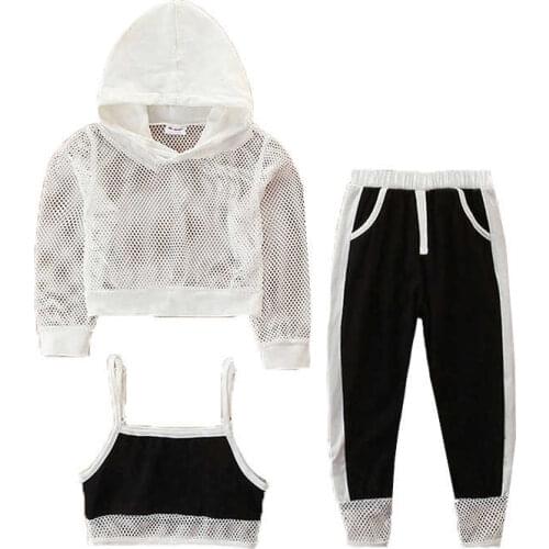 2021 Spring Kids Sport Clothes Girls Clothing Tracksuit For Children Mesh Long-Sleeve Hoodies + Camisole + Sports Pants Suit