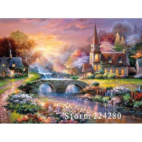 Needlework,Dusk Forest House Scenery Handwork 14CT Counted Embroidery,DIY Cross stitch kits,Art Cross-Stitching Home Decor