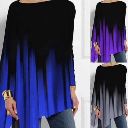 Women Loose Round Neck Long Sleeve Cotton-Blend Casual Asymmetrical Shirts & Tops Printing Cotton Tie-Dye Blouse Plus Size