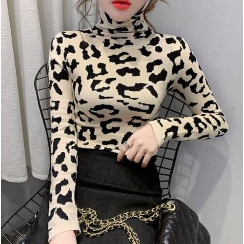2021 New Spring and Autumn Sexy Women T-Shirts Turtleneck Long Sleeve Leopard Print Slim Casual Soft Pullover Top Y197