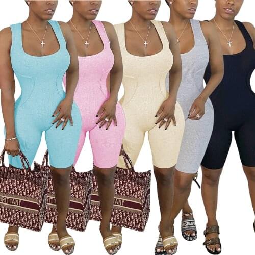 Ribbed Bodycon Playsuit Summer Women Low-Neck Jumpsuit Skinny Elastic High Sleeveless Solid Rompers Streetwear Outfit 2020
