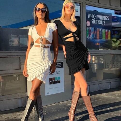 Summer New V-Neck Nightclub Slim Short Dress Irregular Navel Ruffle Dress Women Sexy Lace-Up Hollow Out Mini Bodycon Dress 2021