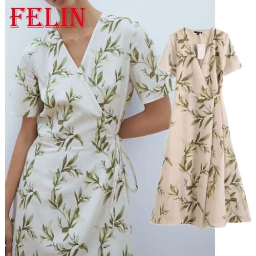 Za 2021 Women Leaf Print Vintage A-Line Midi Dress Short Sleeve V Neck Sashes Elegant Dress Stylish Holiday Mujer Vestidos