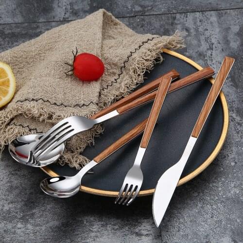 5pcs/set Of Wooden Handle Knife Fork Spoon Steak Knife Fork Tableware Stainless Steel Imitation Hotel Western Food Korean Dining