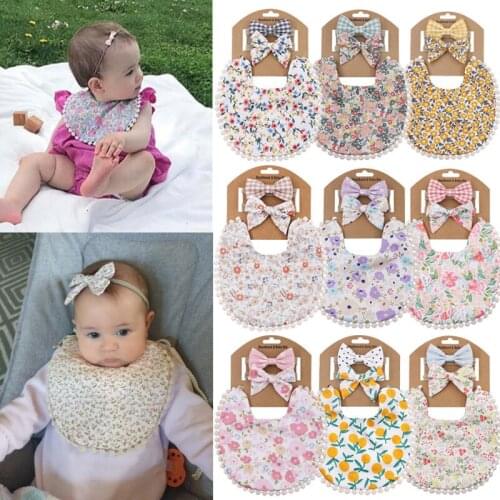 9Sets/Lot Baby Tassel Saliva Towel Headband Floral Vintage Newborn Photography Double Side Bibs Boys Girls Props Bandana Burps