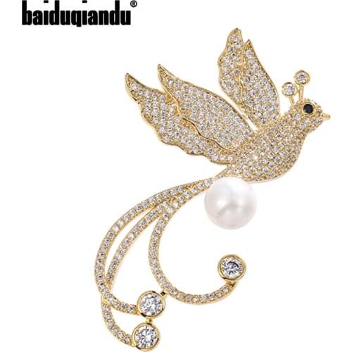 Baiduqiandu Cubic Zircon Flying Bird Brooches Pins Gold/Silver Plated 2-Color Long Tail Bird Animal Pins With Pearl