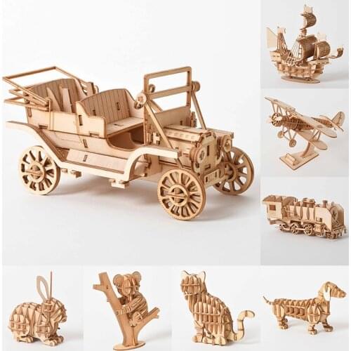 3D Wooden Puzzle Model DIY Handmade Mechanical Toys For Children Adult Model Kit Game Assembly Model Ships Train Airplane Animal