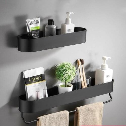Towel Holder Black Shower Storage Basket Bathroom Shelf Rack Kitchen Wall Shelves Bath Organizer Bathroom Accessories