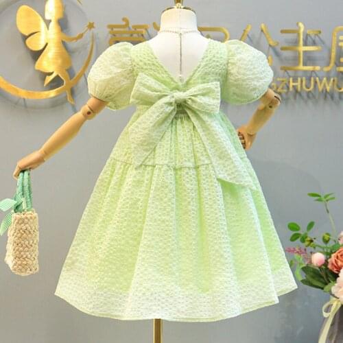 Baby Girl Childrens Clothing 2021 Summer New Jacquard Puff Sleeve Dress Children Open Back Lace Bow Princess Dress Knee-Length