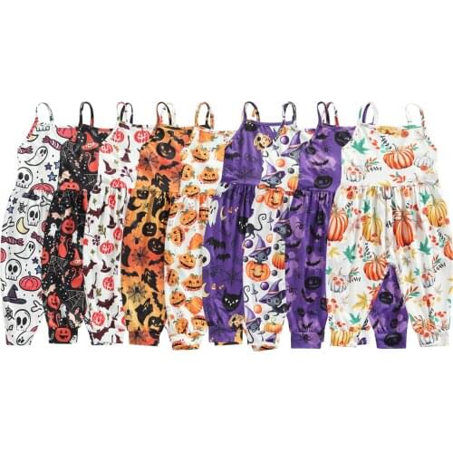 Infant Kids Baby Girls Boys Halloween Sleeveless Jumpsuit, Casual Loose Pumpkin Print Spaghetti Strap Romper 1-6T