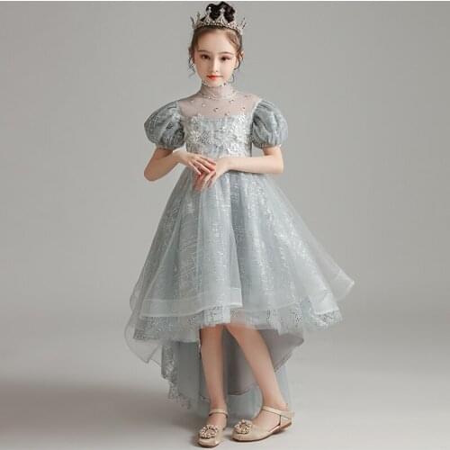 Flower Girl Dress Crystal Appliques Pearls Beading Lace High Princess Knee-Length Tulle Embroidery Sequined Kids Party Gown H309