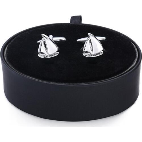 DY New fashion high quality Silvery sailing Cufflinks black leather box set men French Cufflinks box set free shipping