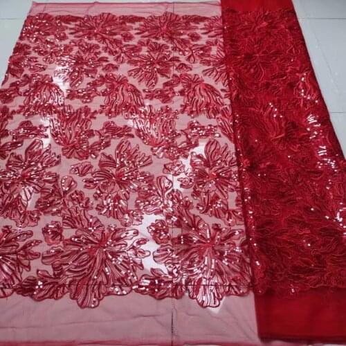 Good Looking African Red Color Sequins Flowers Net Lace Fabric Pretty Design JRB-20.5808 Embroidered Tulle Mesh for Party Dress