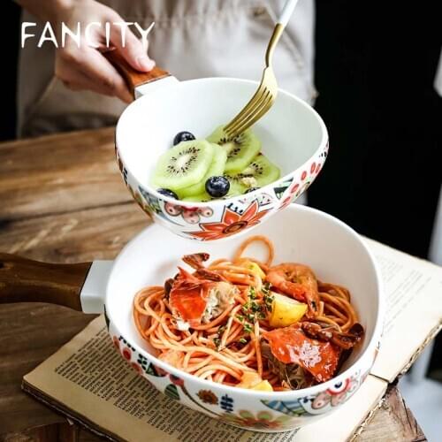 FANCITY Nordic Ceramic Painted Western Food Pasta Bowl with Handle Home Butterfly Love Flower Oval Fruit Salad Dessert Plate Tab