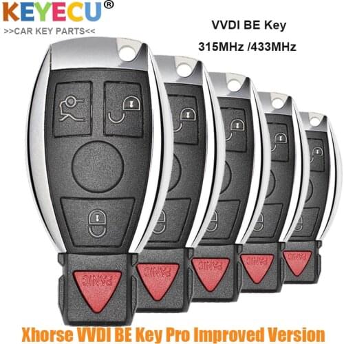 KEYECU 5PCS Xhorse VVDI BE Key Pro Improved Version Complete Remote Car Key for Mercedes-Benz, Fob 3+1 4 Button - 315MHz/ 433MHz