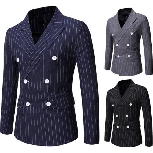 Black Striped Suits for Wedding Suit Collar Double Breasterd Costume Mens Suits Smart Casual Pocket Blazer Costum Homme Mariage