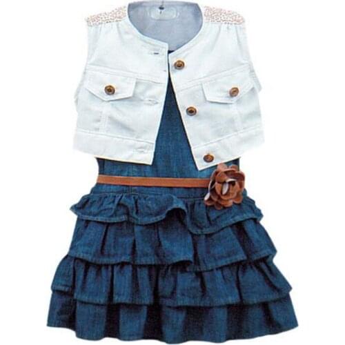 Summer Girl Clothes Set Retro Denim Dress Baby Kids Sleeveless Dress White Jacket Outfits Children Clothing 1-7T