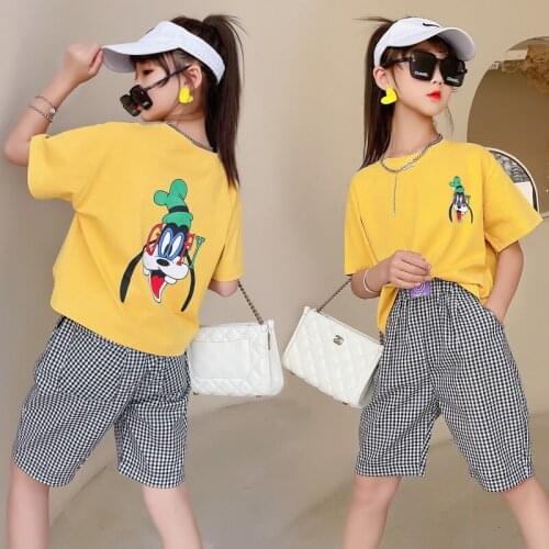 Girls summer suit 2021 New Girl Clothing Trendy Cartoons Short Sleeve Top + short Striped Pants Kids Suit Children Clothing