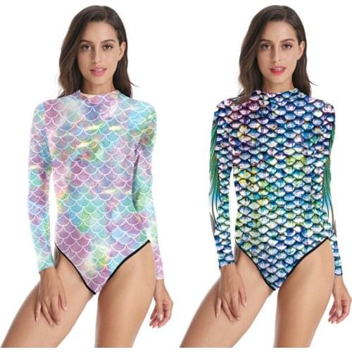 Summer Water Sports Lady UPF50 Long Sleeve Back Zipper One Piece Mermaid Swimwear Beachwear