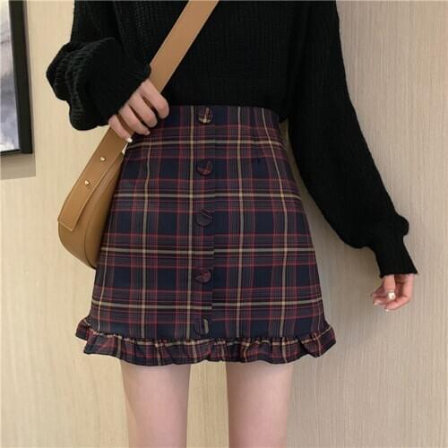 Cute ruffled hem mini plaid skirt woman spring fall high a line waisted checkered school short skirt miniskirt teen girls C199