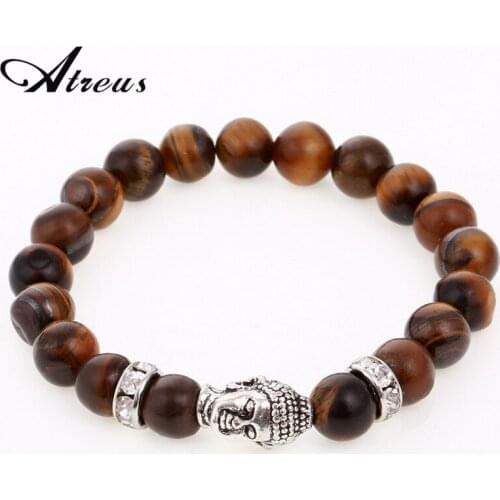 Men Women Natural Stone Tiger Eye Beaded Bracelets Lucky Buddha Head Charms Yoga Bracelet Friendship Wristband Jewelry Gift