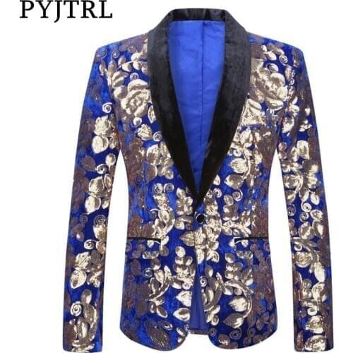 PYJTRL Sequins Velvet Series Men Stylish Royal Blue Velvet Slim Fit Blazer Gold Floral Sequins DJ Singer Wedding Suit Jacket