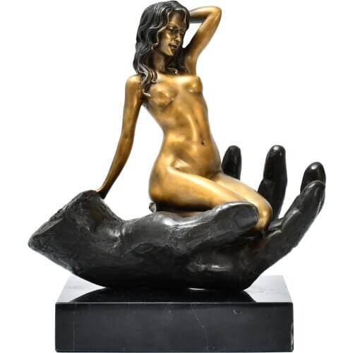 Nude Woman in Palm Bronze Sculpture Erotic Art Sexy Bare Female Statue Naked Figurine Collection Decoration