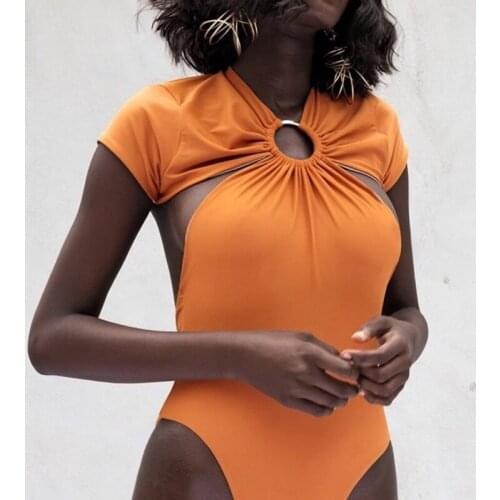 Solid color one piece Bikini Short sleeve Swimsuit Women High neck Swimwear Female monokini bathing suit Swim bodysuit 2021 New