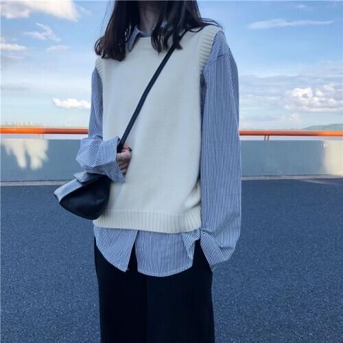 Casual Tank Tops Women Autumn 2020 Korean Preppy Style Casual Loose O Neck Knit Sweater Vest Sleeveless Pullover Waistcoat T502