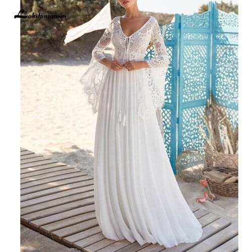 Simple Beach Boho Outdoor Wedding Dress V Neck Long Bell Sleeve 2021 Backless Hollow Out Lace Destination Elopement Bridal Gown