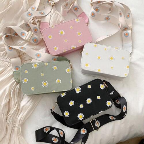Fashion Small Daisy Female Bags Wide Nylon Shoulder Strap Shoulder Messenger Bag Sac Summer New Printed Small Square Bag