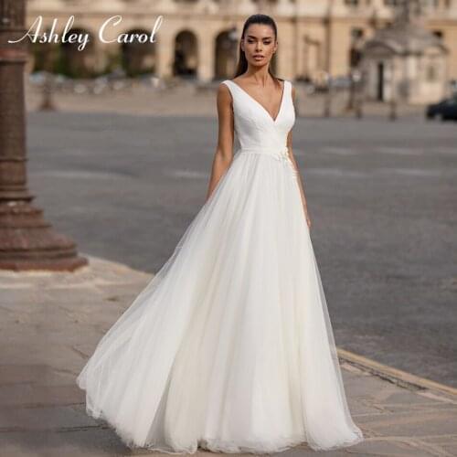 Ashley Carol A-Line Wedding Dress 2021 V-Neckline Backless Ruched Tulle Bride Sleeveless Beading Appliques Beach Bridal Gowns