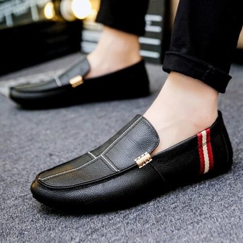 Summer Peas Shoes Men Artificial Leather Men Casual Shoes Lazy Mans Footwear Black Comfortable Soft Driving Men Shoes Loafers
