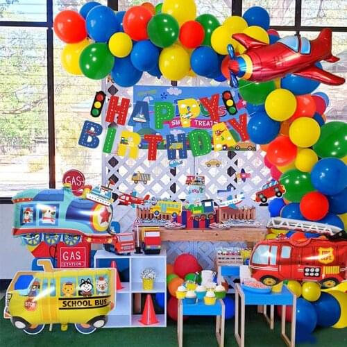Boys Birthday Decoration Car Transport Happy Birthday Banner Yacht School Bus Fire Truck Plane Kids Party Transport Vehicles