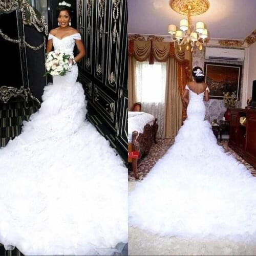 Gorgeous Off-the-Shoulder Lace Wedding Dress 2021 Mermaid Ruffles Corset Sweep Train African Custom Made Bridal Gowns